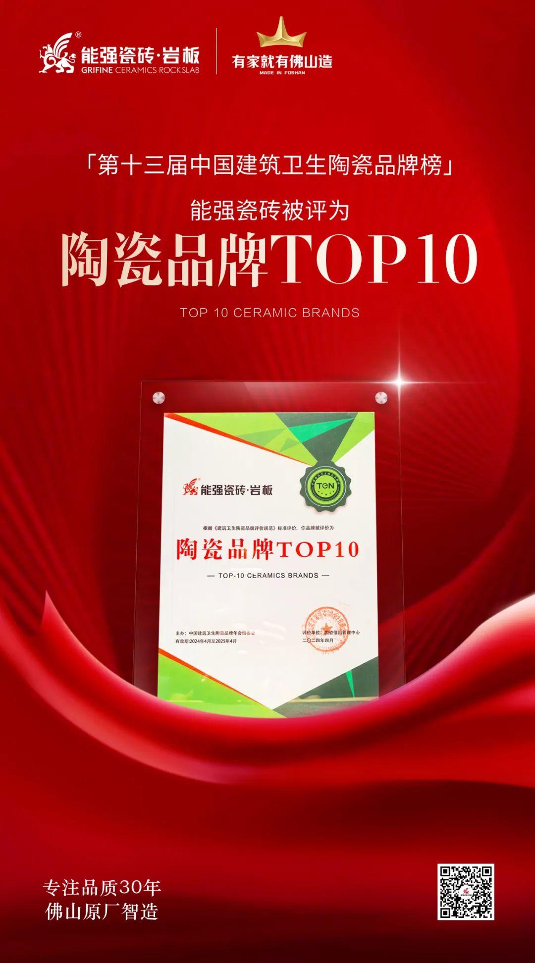 匠心榮耀丨能強(qiáng)瓷磚斬獲“陶瓷品牌TOP10”殊榮！